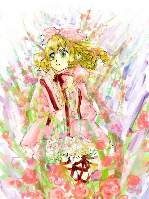 1girl blonde_hair bow cross-laced_footwear dress flower frilled_dress frills full_body green_eyes hina_ichigo hinaichigo image lying on_back pink_bow pink_dress puffy_sleeves ribbon short_hair solo