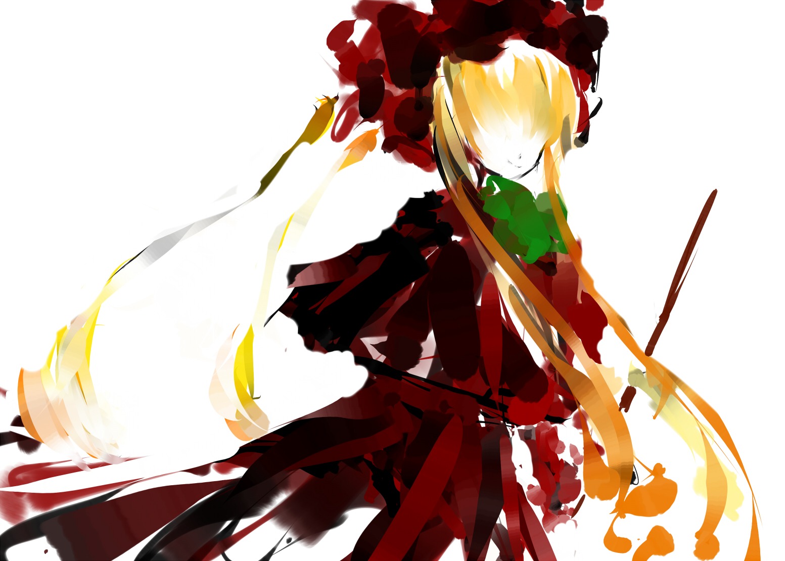 1girl blonde_hair dress fire holding_weapon image long_hair long_sleeves shinku simple_background solo weapon white_background