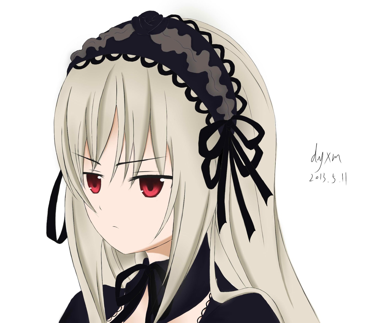 1girl bangs black_dress black_ribbon closed_mouth detached_collar dress eyebrows_visible_through_hair frills hairband image long_hair long_sleeves portrait red_eyes ribbon silver_hair simple_background solo striped striped_background suigintou vertical_stripes white_background