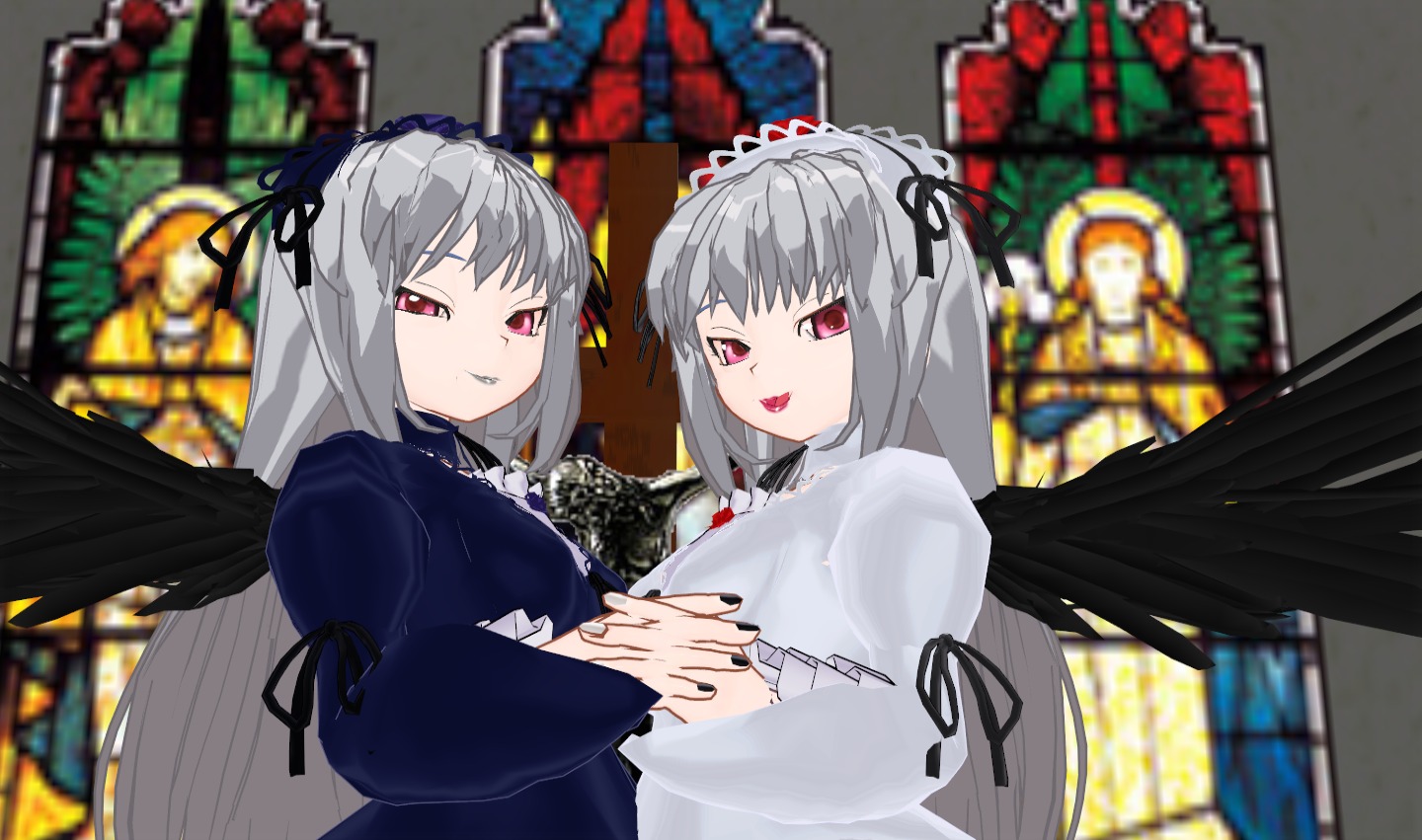 2girls black_wings blurry blurry_background blurry_foreground depth_of_field dress feathered_wings hairband image long_hair long_sleeves looking_at_viewer multiple_girls open_mouth pink_eyes silver_hair smile solo stained_glass suigintou wings