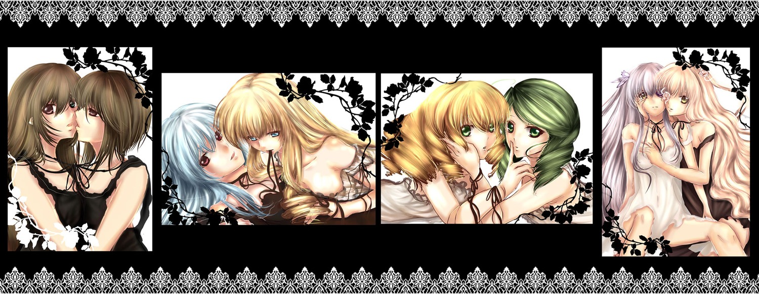 6+girls blonde_hair blush breasts brown_hair cleavage green_eyes image long_hair multiple multiple_girls tagme yuri