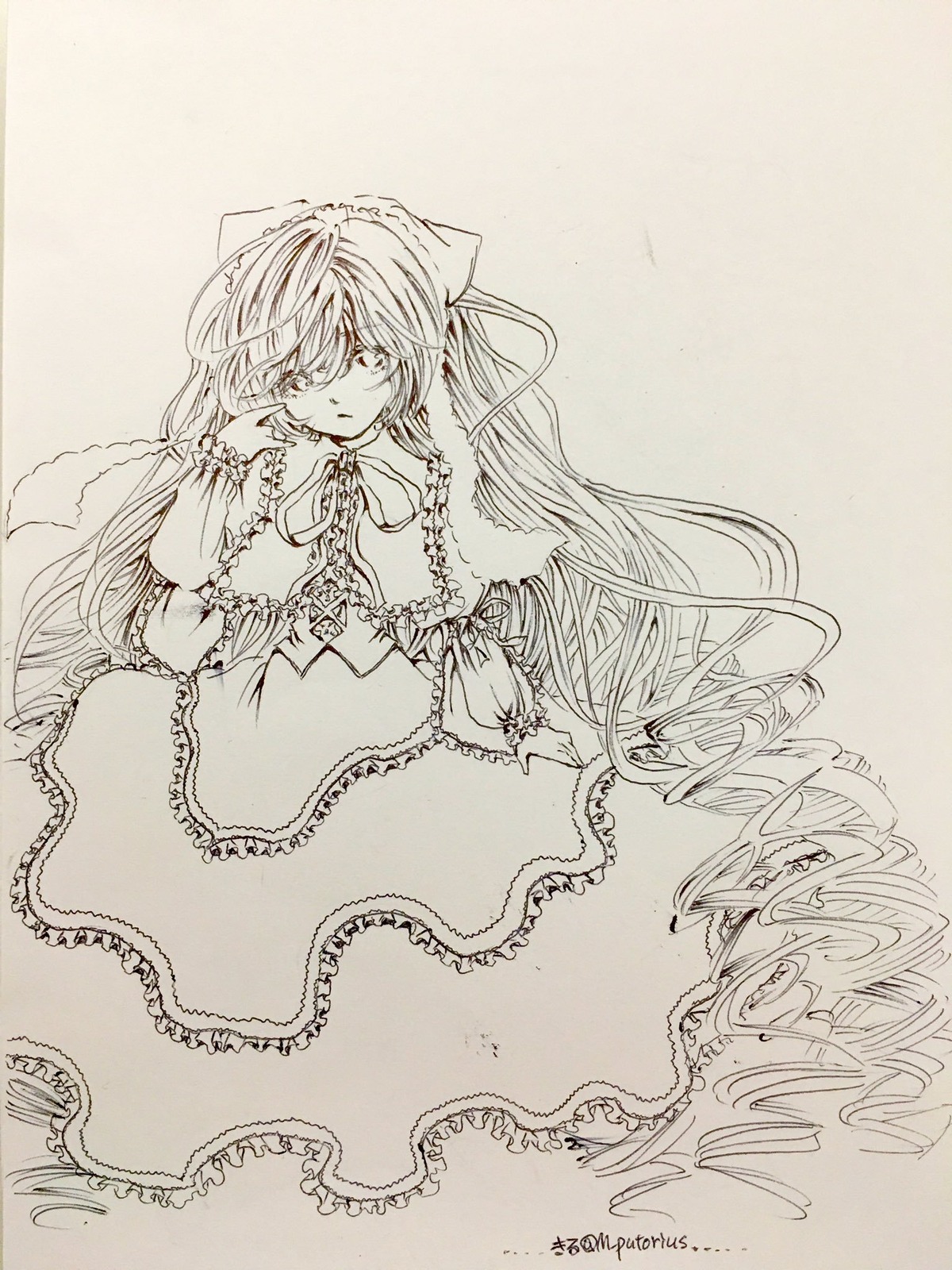 1girl bow dress frills hair_bow image long_hair monochrome solo suiseiseki traditional_media very_long_hair wings