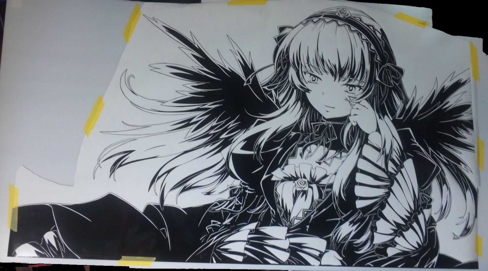 1girl dress frills hairband image long_hair long_sleeves looking_at_viewer monochrome rose solo suigintou wings