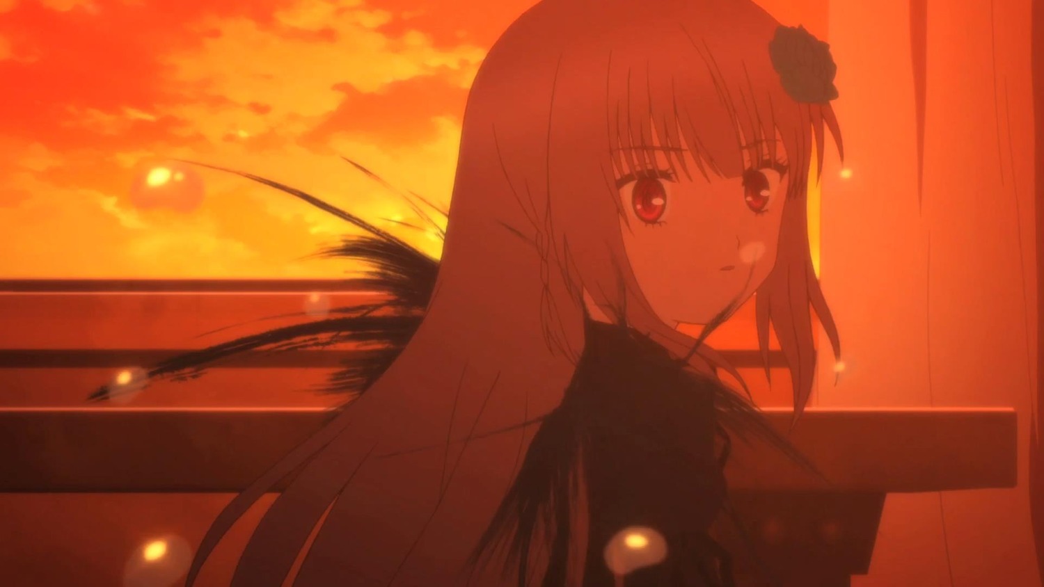 1girl bangs cloud eyebrows_visible_through_hair flower hair_flower hair_ornament image long_hair looking_at_viewer orange_sky outdoors red_eyes red_theme sky solo suigintou sunset upper_body