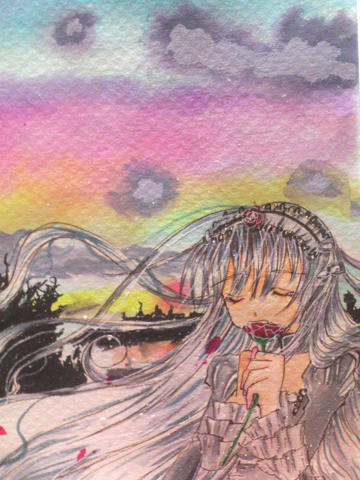 1girl closed_eyes floating_hair image long_hair open_mouth solo suigintou traditional_media watercolor_(medium)