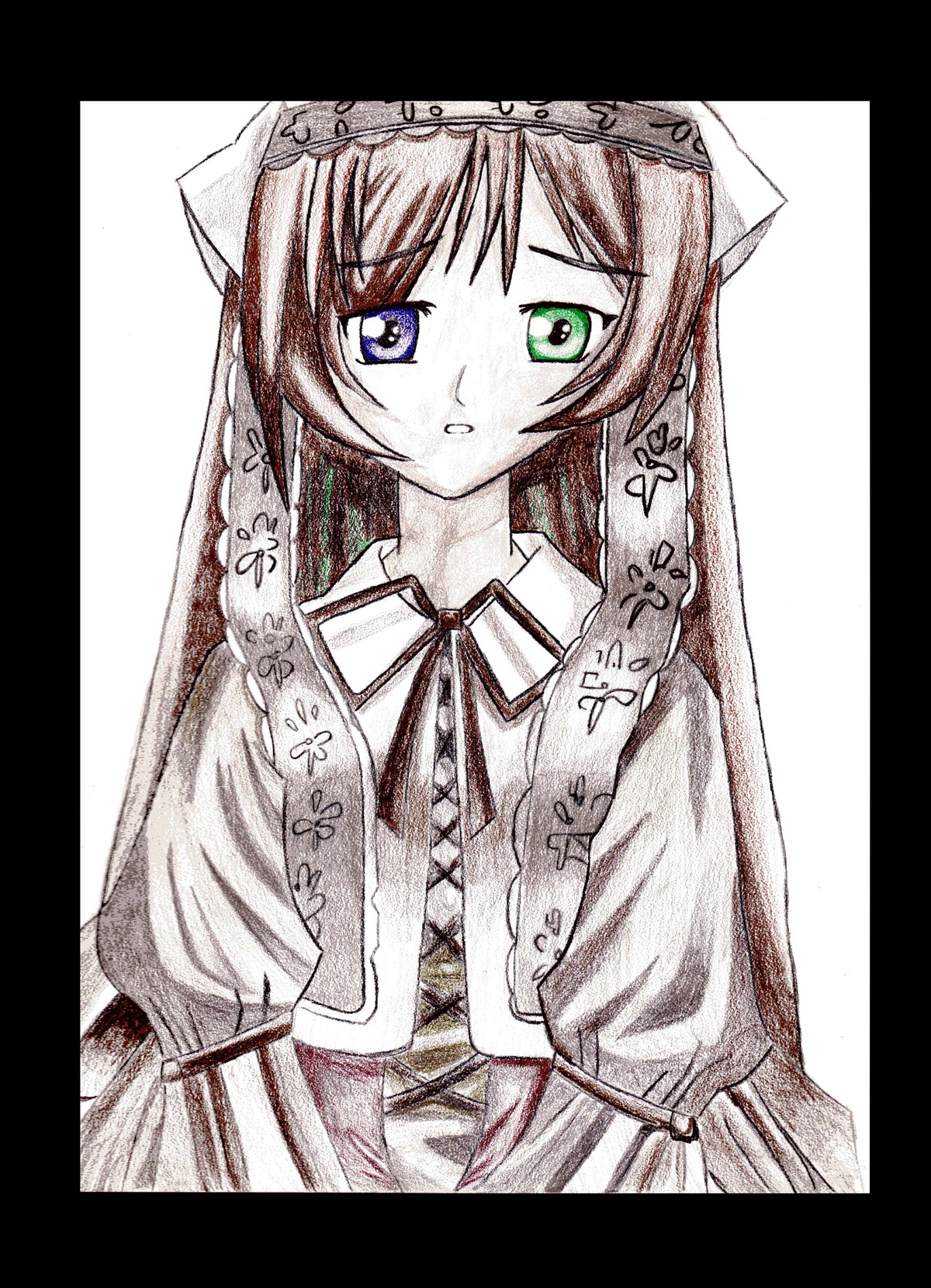 1girl black_border border circle_cut green_eyes image letterboxed long_hair looking_at_viewer monochrome neck_ribbon pillarboxed ribbon simple_background solo suiseiseki veil very_long_hair white_background