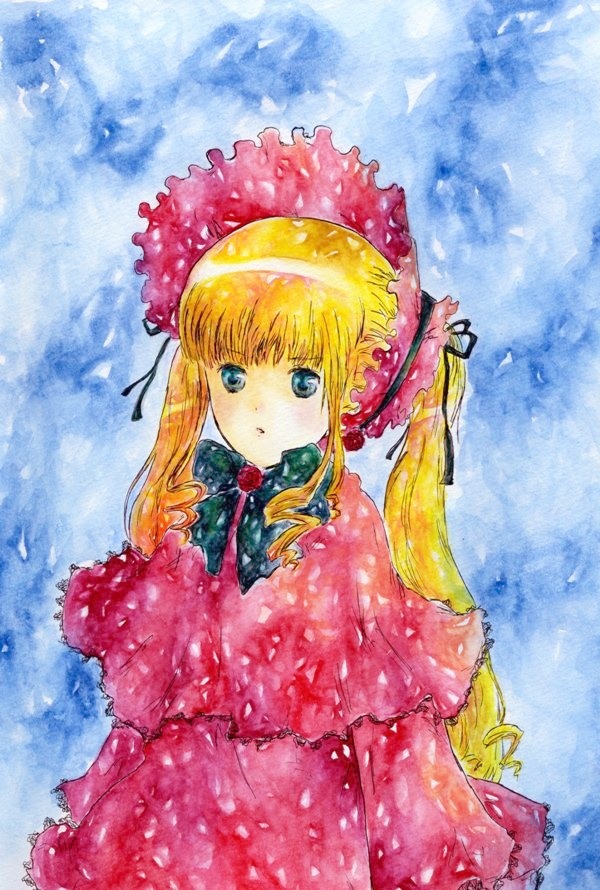 1girl bangs blonde_hair blue_eyes bonnet bow bowtie dress drill_hair flower image long_hair long_sleeves looking_at_viewer red_dress shinku sidelocks solo twintails