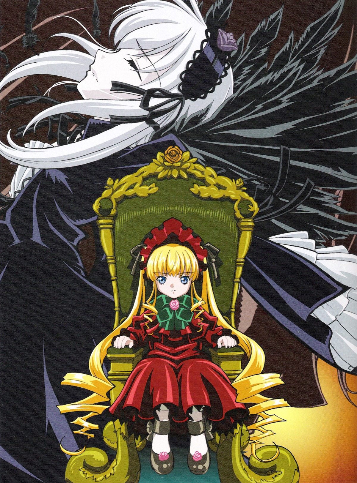 2girls blonde_hair blue_eyes bonnet bow dress frills green_neckwear image long_hair long_sleeves multiple_girls pair red_dress shinku silver_hair suigintou twintails very_long_hair wings