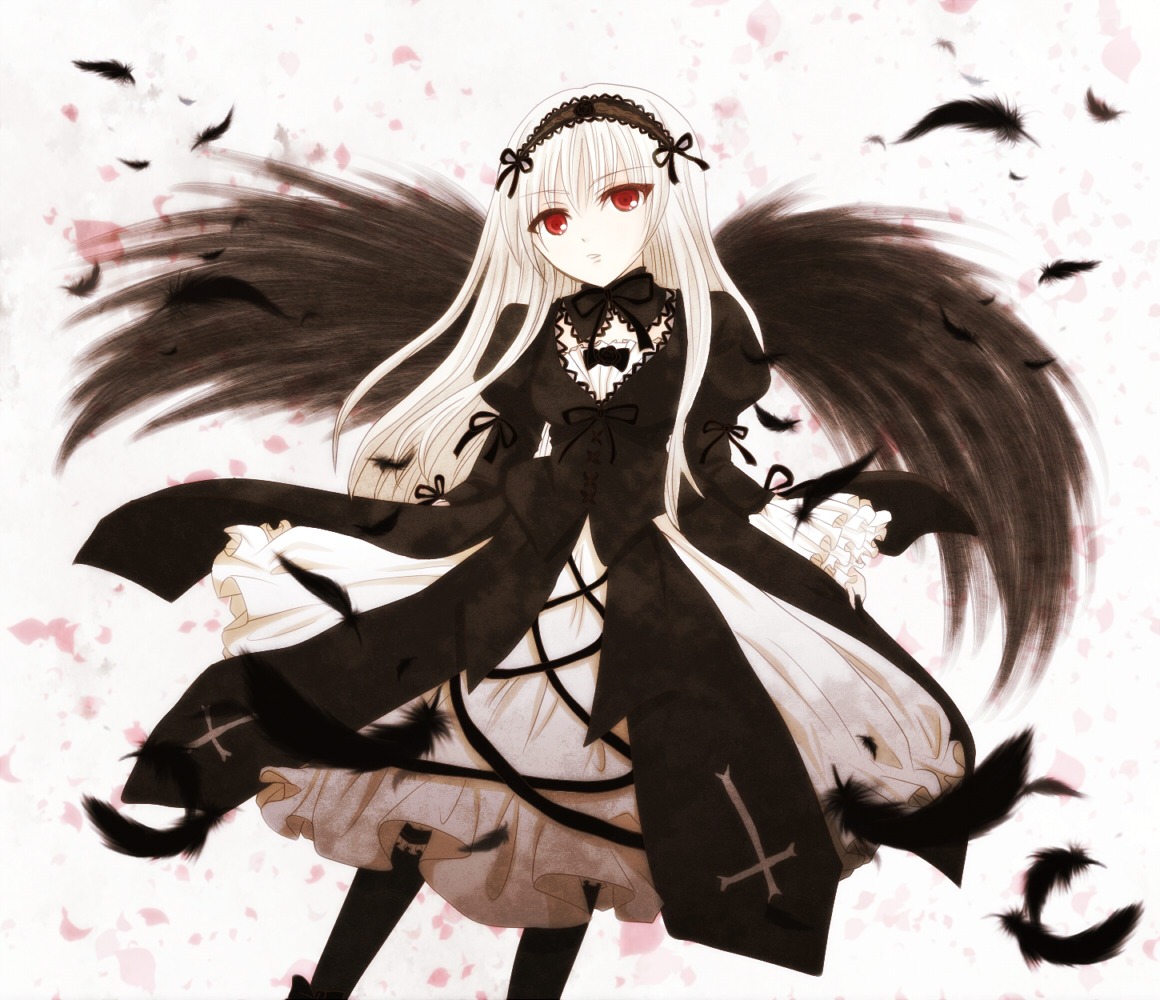 1girl bird black_dress black_feathers black_legwear black_wings dress feathered_wings feathers flower frills hairband image lolita_hairband long_hair long_sleeves looking_at_viewer puffy_sleeves red_eyes ribbon solo suigintou very_long_hair wings