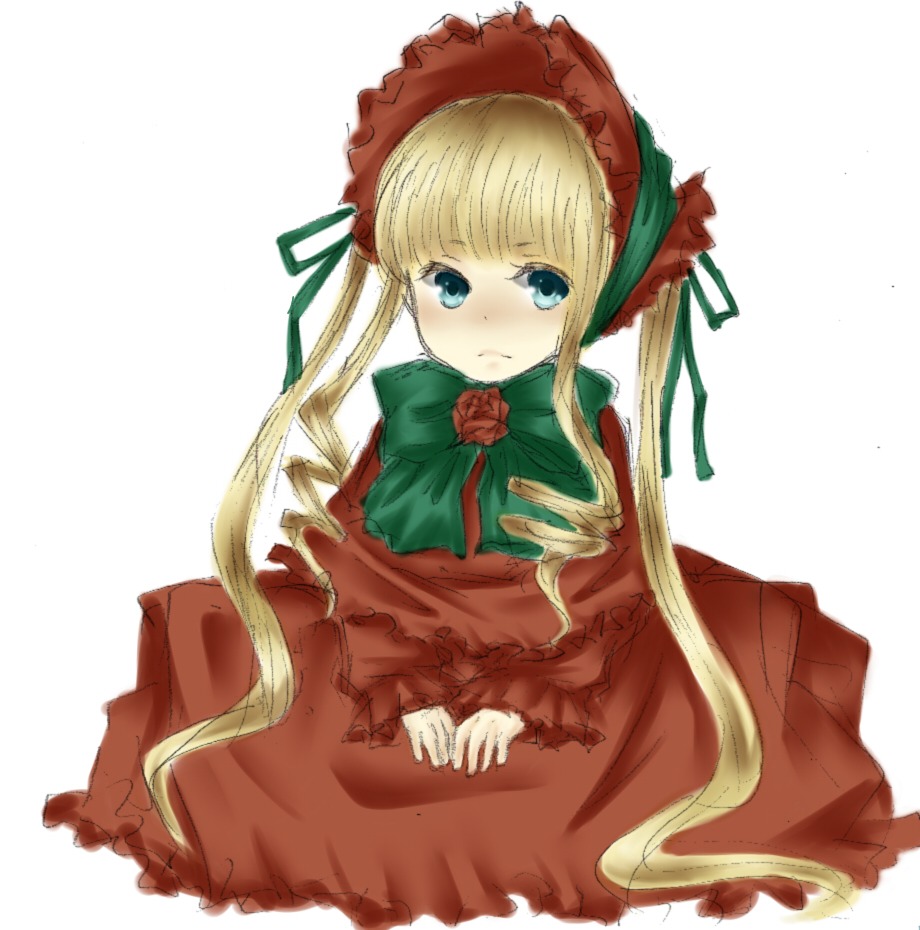 1girl blonde_hair blue_eyes blush bonnet bow bowtie dress flower green_bow image long_hair long_sleeves looking_at_viewer rose shinku simple_background sitting solo twintails white_background