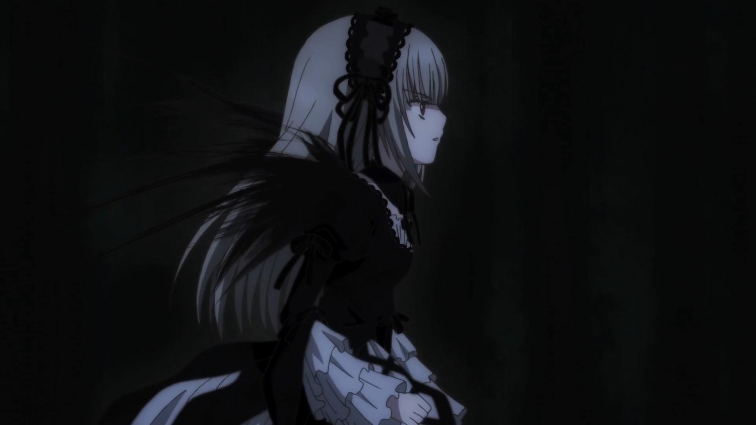 1girl bangs closed_mouth dress eyebrows_visible_through_hair frills hairband image long_hair long_sleeves monochrome profile ribbon solo suigintou very_long_hair wings