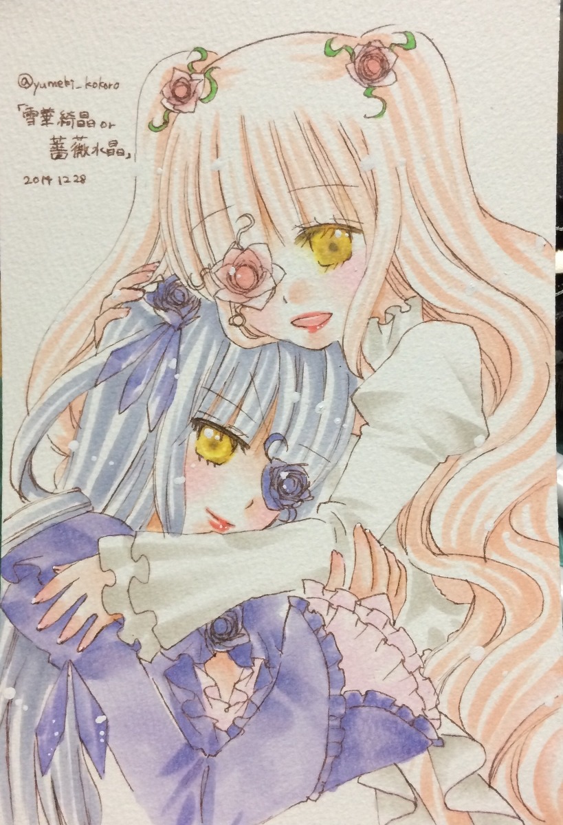 2girls barasuishou dress eyepatch flower frilled_sleeves frills hair_flower hair_ornament hug image kirakishou long_hair long_sleeves multiple_girls pair rose smile traditional_media yellow_eyes