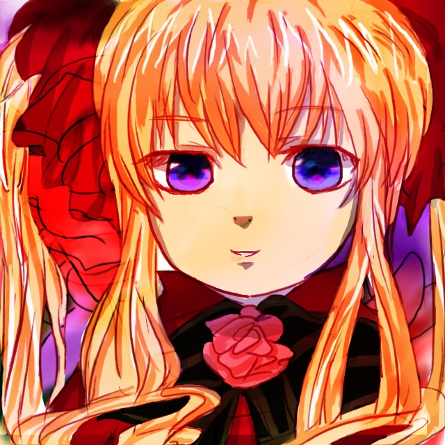 1girl blonde_hair blue_eyes bow bowtie flower image long_hair looking_at_viewer orange_hair pink_rose red_rose rose shinku simple_background solo