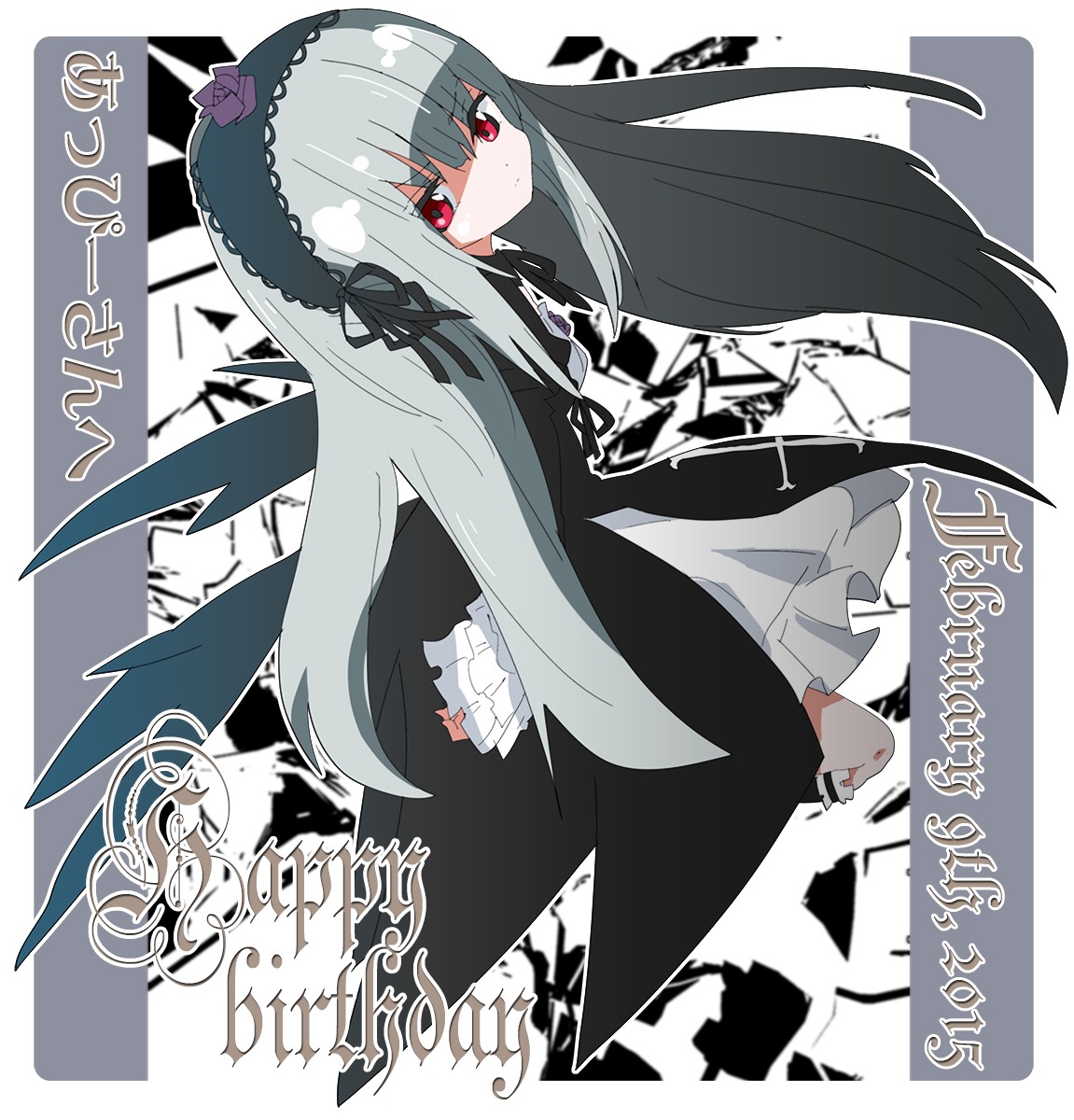 1girl bangs black_dress black_wings closed_mouth dress eyebrows_visible_through_hair flower frilled_sleeves frills hairband image lolita_fashion long_hair long_sleeves looking_at_viewer looking_back red_eyes ribbon rose silver_hair solo suigintou very_long_hair wings