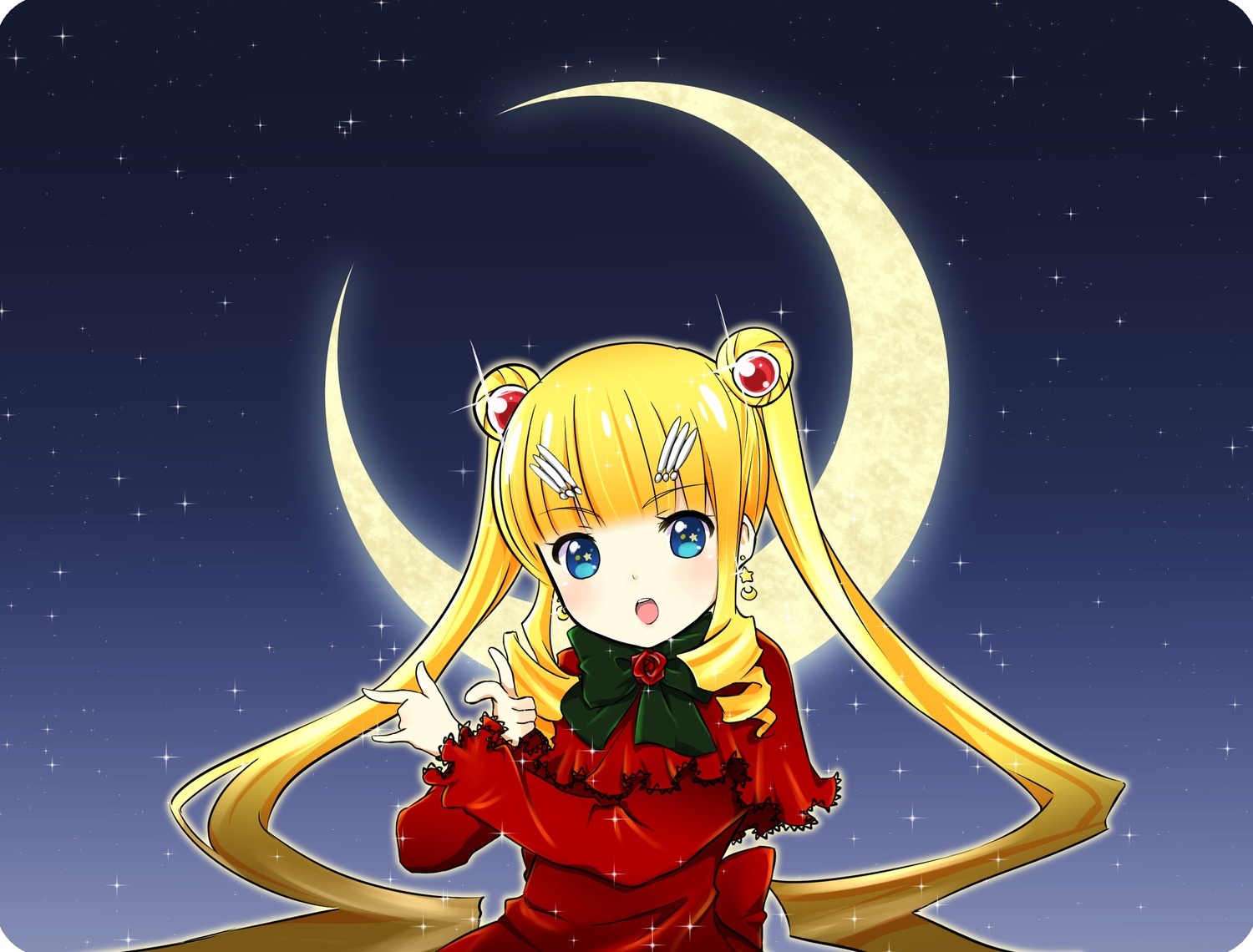 1girl \m/ bishoujo_senshi_sailor_moon blonde_hair blue_eyes bow capelet commentary_request crescent_moon curly_hair double_bun dress earrings eki_mirin full_moon hair_ornament highres image jewelry long_hair looking_at_viewer moon night night_sky open_mouth photoshop_(medium) red_capelet red_dress rozen_maiden sailor_moon shinku sky solo sparkle star_(sky) starry_moon starry_sky tsuki_ni_kawatte_oshioki_yo tsukino_usagi twintails very_long_hair