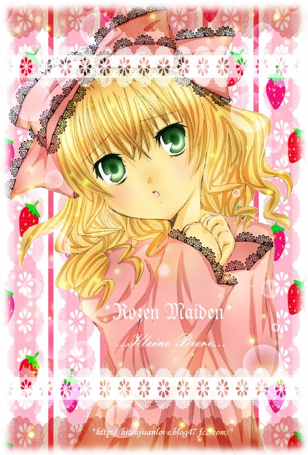 1girl blonde_hair bow dress drill_hair flower food fruit green_eyes hina_ichigo hinaichigo image looking_at_viewer pink_bow pink_dress solo strawberry upper_body