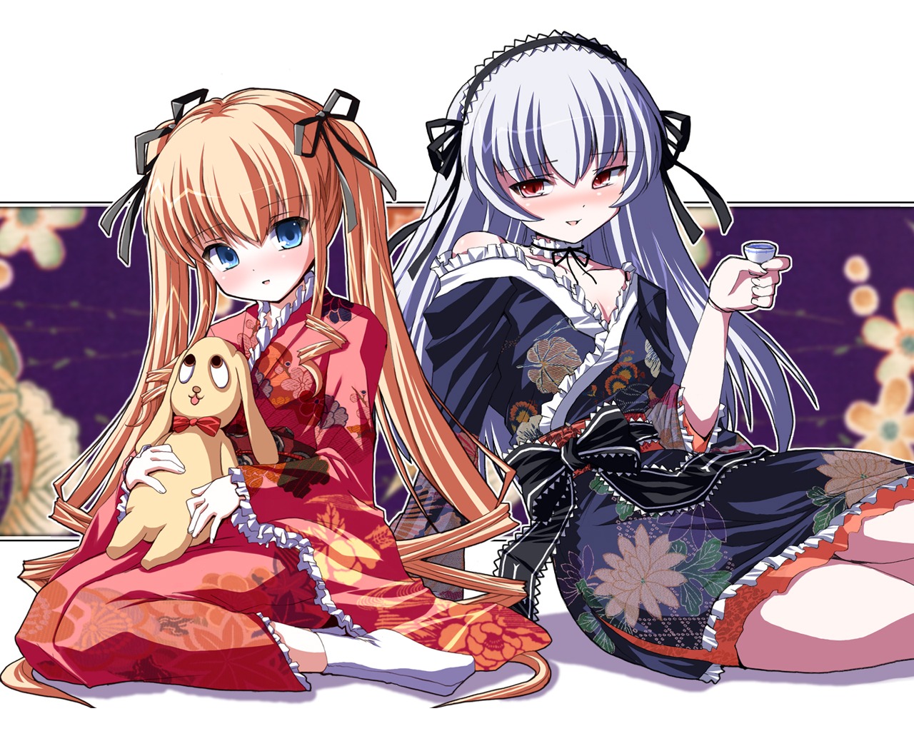 2girls blonde_hair blue_eyes blush breasts dog dress drunk floral_print frills hair_ribbon hairband image japanese_clothes kimono lolita_fashion lolita_hairband long_hair looking_at_viewer multiple_girls pair red_eyes ribbon shinku sitting stuffed_animal suigintou tongue tongue_out twintails two_side_up very_long_hair wide_sleeves