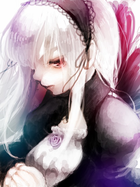 1girl black_dress closed_eyes closed_mouth dress flower hairband image lolita_fashion long_hair rose solo suigintou upper_body white_flower