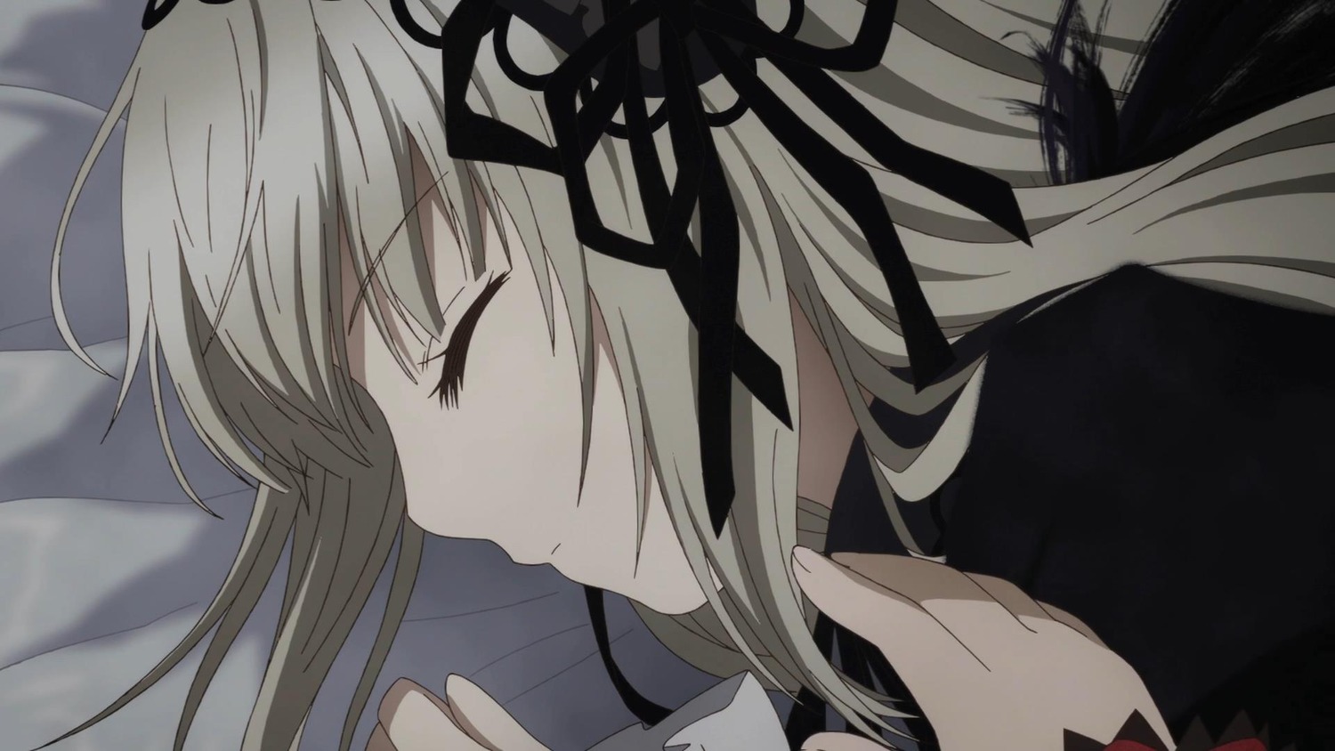 1girl black_ribbon closed_eyes hair_ribbon image long_hair long_sleeves lying on_side profile ribbon solo suigintou