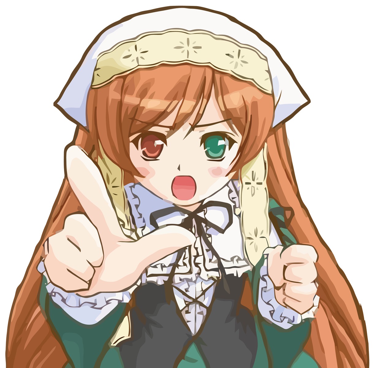1girl :o angry brown_hair dress frills green_eyes head_scarf heterochromia image long_hair long_sleeves looking_at_viewer open_mouth red_eyes simple_background solo suiseiseki upper_body very_long_hair white_background