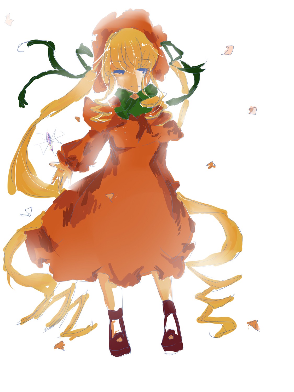 1girl blonde_hair blue_eyes bonnet bow dress flower full_body image long_hair long_sleeves red_dress shinku solo striped white_background