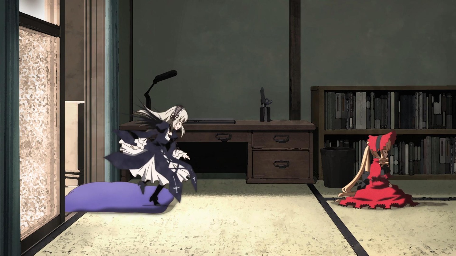 2girls boots dress frills image indoors long_hair multiple_girls pair shinku silver_hair sitting suigintou weapon