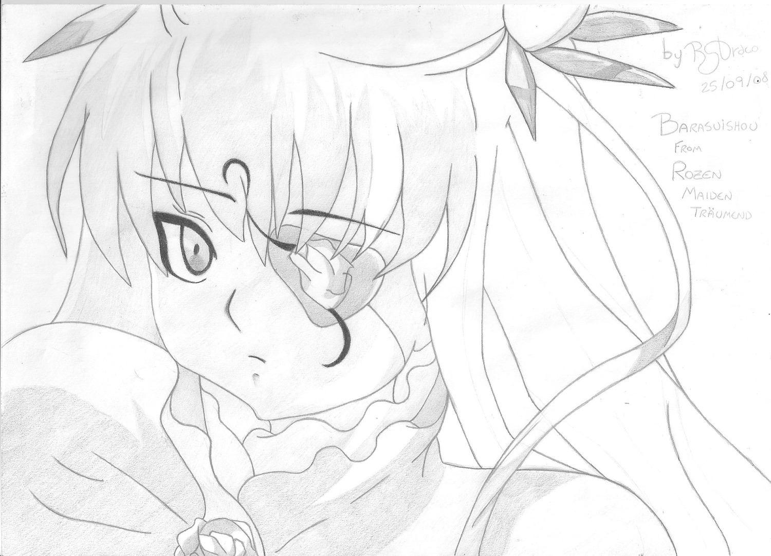 1girl barasuishou frown greyscale hair_ribbon image long_hair monochrome ribbon solo tears white_background