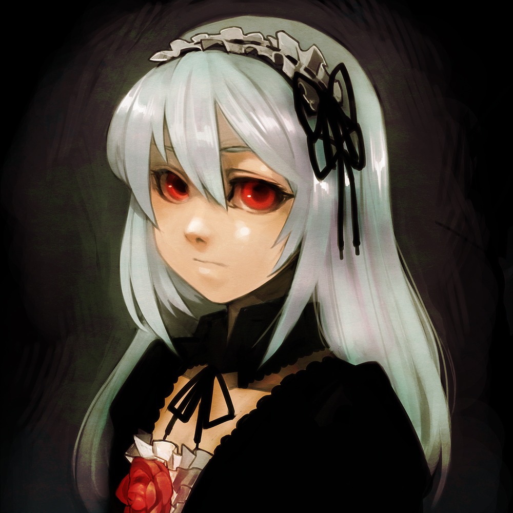 1girl bad_id bad_pixiv_id black_ribbon choker closed_mouth detached_collar dress flower frills hair_between_eyes hairband image lolita_fashion lolita_hairband long_hair long_sleeves looking_at_viewer photoshop_(medium) red_eyes red_flower red_rose ribbon rose rozen_maiden silver_hair solo suigintou tsurusaki_yuu upper_body