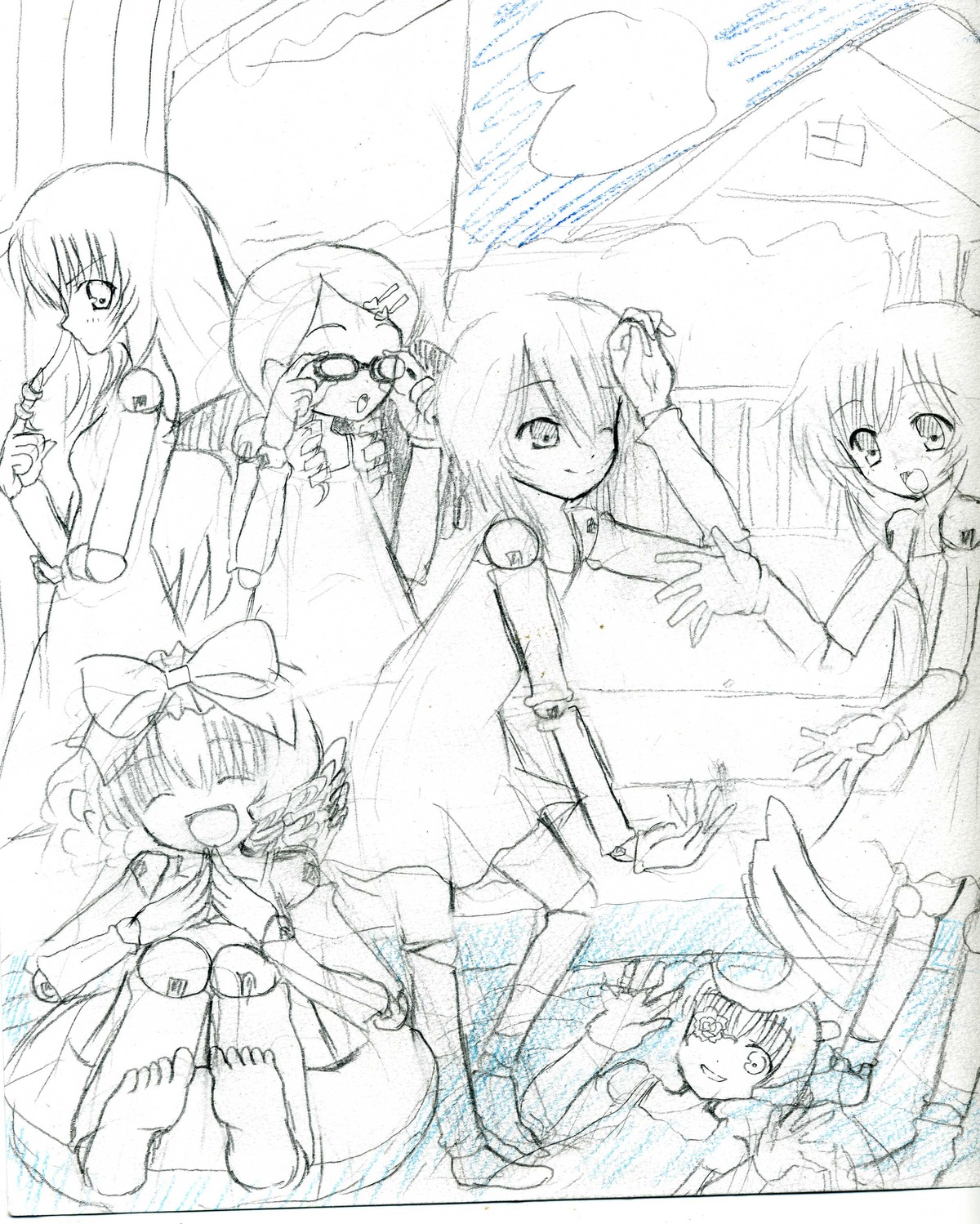 glasses greyscale image long_hair monochrome multiple multiple_girls sketch smile tagme