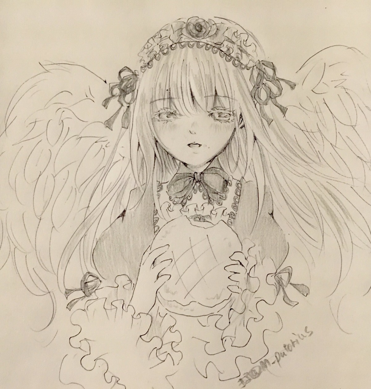 1girl bangs blush dress eyebrows_visible_through_hair feathered_wings flower frills hairband holding image long_hair long_sleeves looking_at_viewer monochrome rose solo suigintou tears traditional_media very_long_hair wings