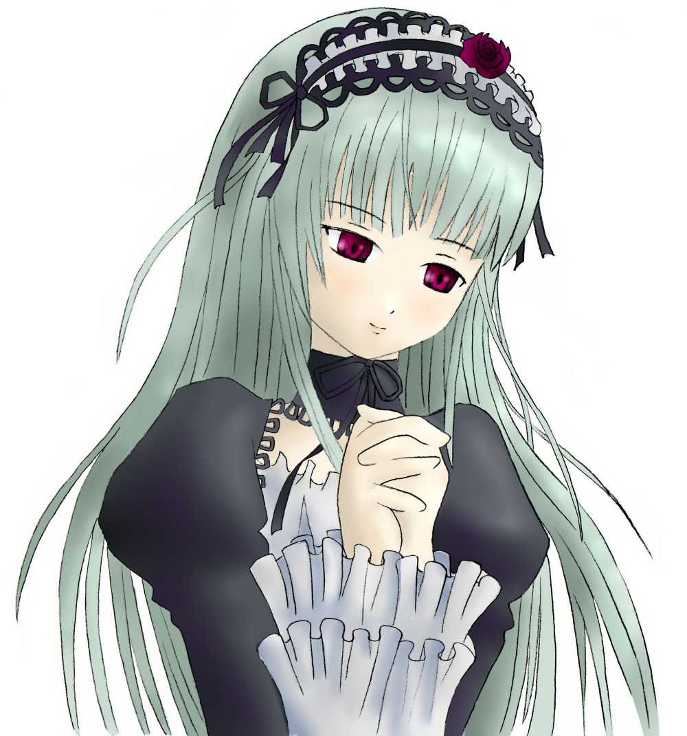 1girl bangs blush closed_mouth dress frills hairband image juliet_sleeves lolita_hairband long_hair long_sleeves looking_at_viewer puffy_sleeves rose simple_background solo suigintou upper_body white_background