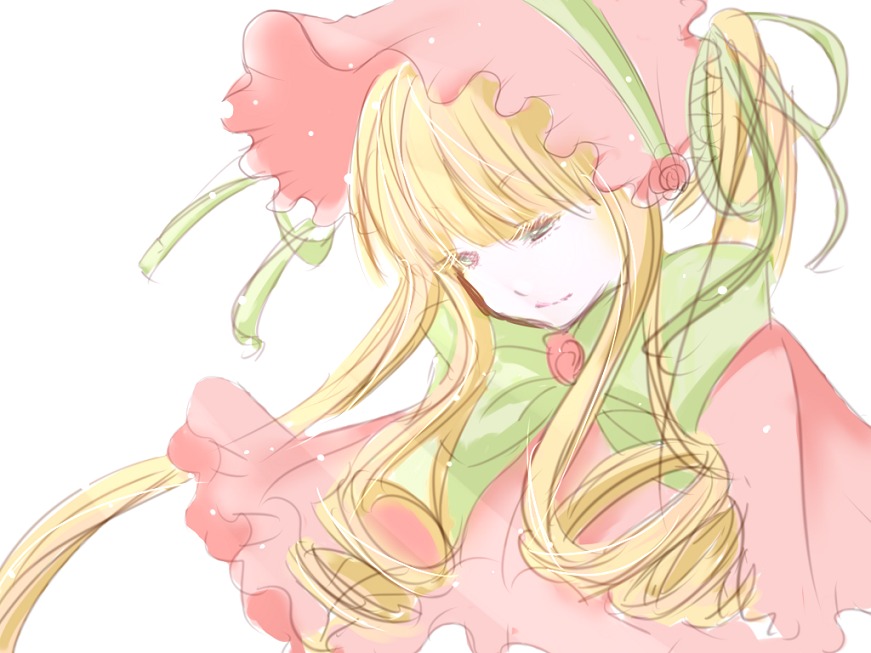 1girl bangs blonde_hair bonnet bow closed_eyes closed_mouth dress flower image long_hair pink_flower pink_rose rose shinku simple_background solo striped striped_background upper_body white_background