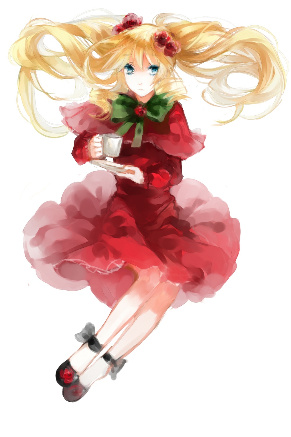 1girl blonde_hair blue_eyes bow capelet cup dress flower full_body hair_ornament image long_hair red_capelet red_dress rose shinku shoes solo striped teacup