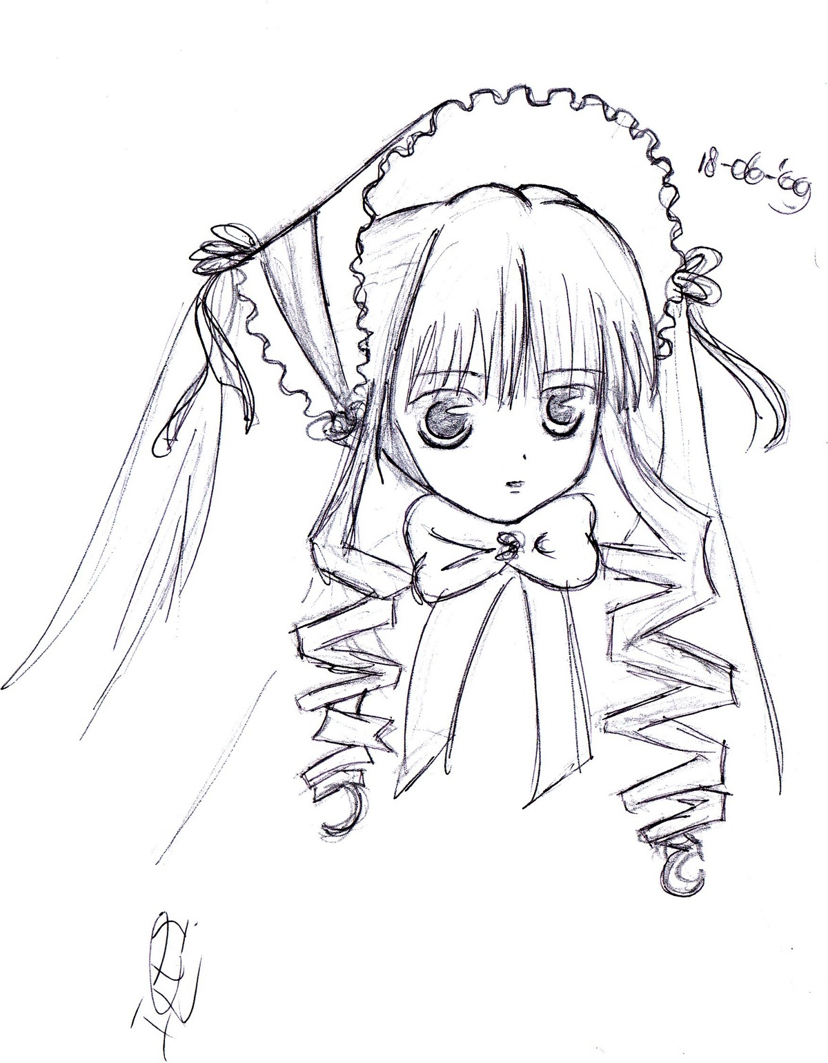 1girl bonnet bowtie drill_hair image long_hair looking_at_viewer monochrome shinku simple_background solo twin_drills umbrella upper_body white_background