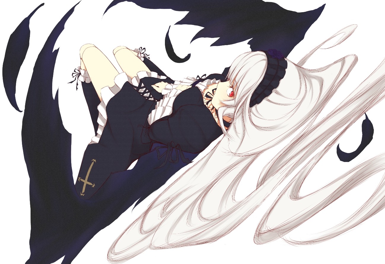 1girl bad_id bad_pixiv_id black_wings boots doll_joints dress dutch_angle feathers floating_hair flower frilled_sleeves frills full_body hairband image joints juliet_sleeves long_hair long_sleeves looking_at_viewer lying on_back puffy_sleeves red_eyes ribbon rose rozen_maiden solo suigintou very_long_hair white_hair wings zeshiki