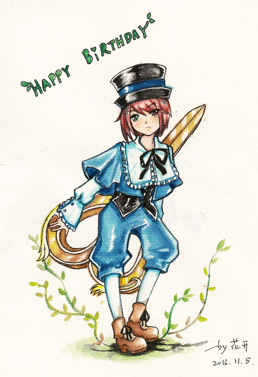 1girl blue_dress character_name hat image long_sleeves red_hair short_hair solo souseiseki traditional_media white_legwear