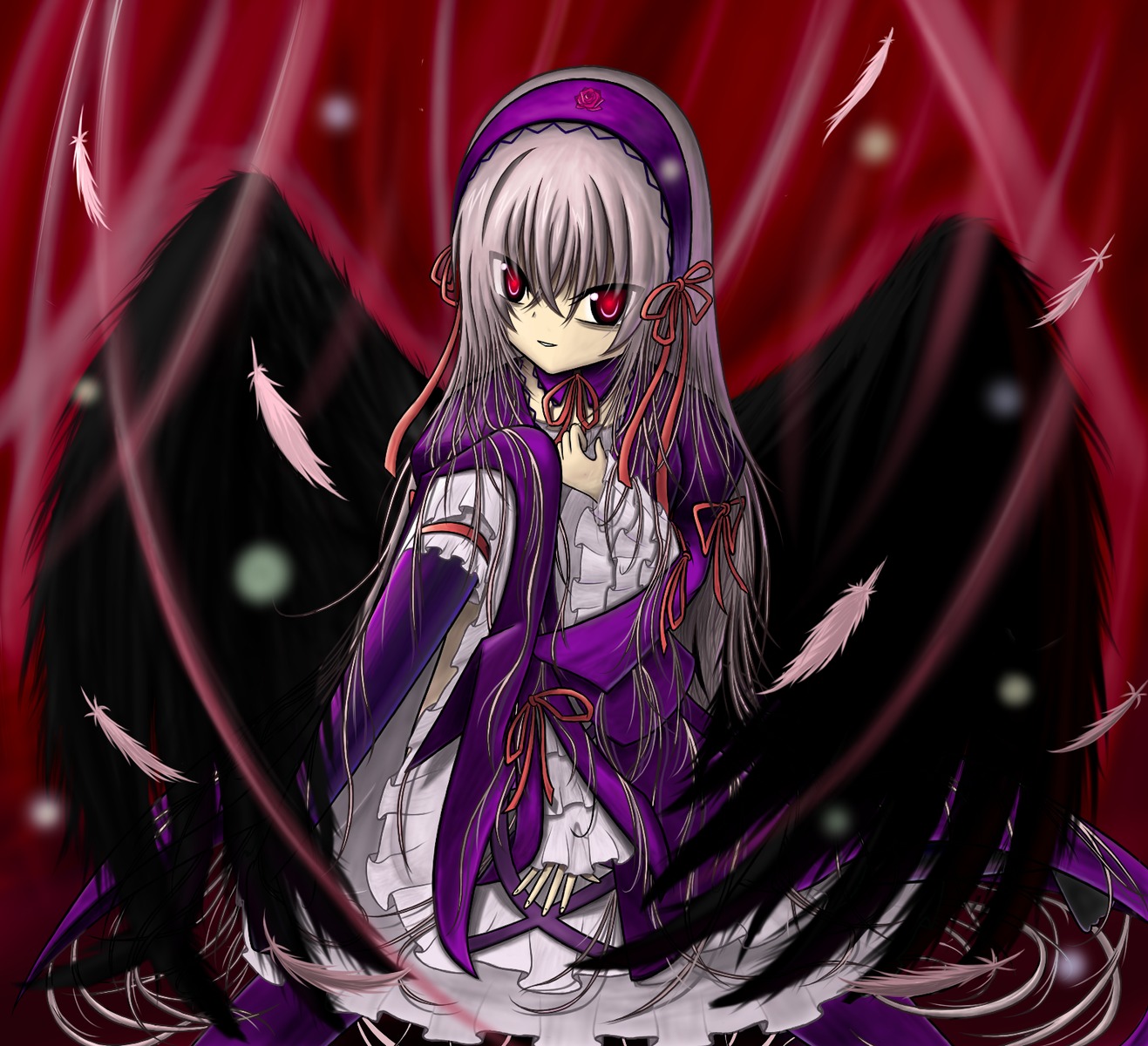 1girl black_feathers black_wings dress feathered_wings feathers flower frilled_sleeves frills hairband image long_hair long_sleeves looking_at_viewer red_eyes ribbon silver_hair solo suigintou very_long_hair white_feathers wings