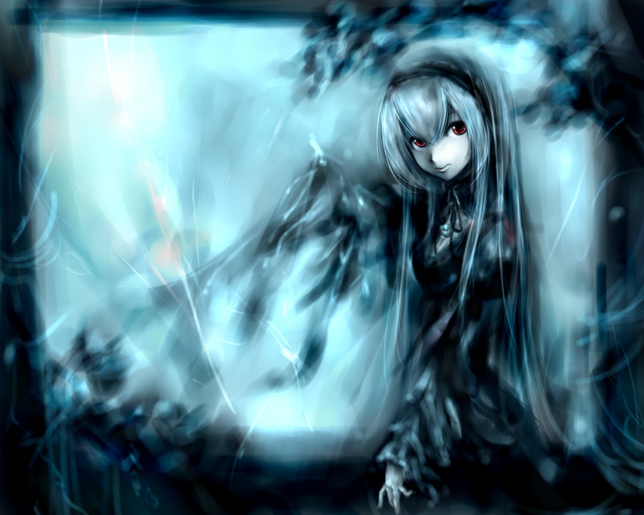 1girl auto_tagged black_dress closed_mouth dress hairband image long_hair long_sleeves looking_at_viewer red_eyes solo suigintou very_long_hair water wings