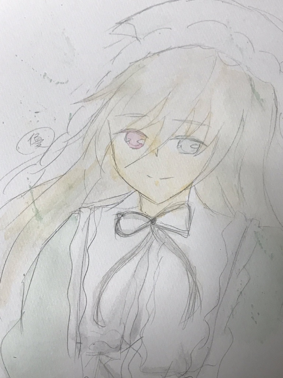 1girl dress eyebrows_visible_through_hair graphite_(medium) hair_between_eyes image long_hair looking_at_viewer sketch smile solo suiseiseki traditional_media white_background