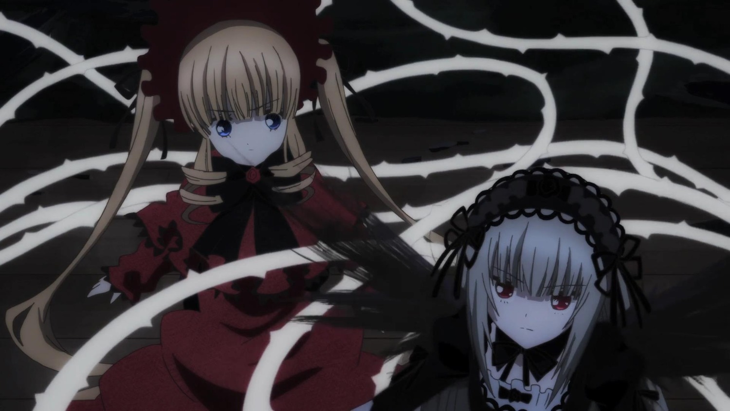 2girls blonde_hair blue_eyes bow dress expressionless flower hairband image long_hair long_sleeves looking_at_viewer multiple_girls pair red_eyes rose shinku silver_hair suigintou twintails