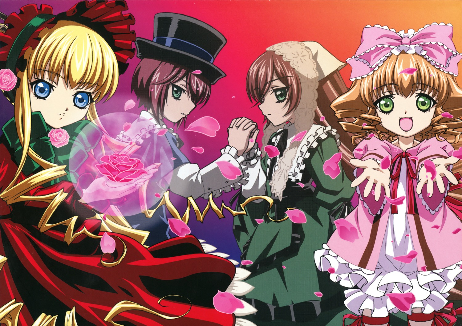 blonde_hair bonnet bow brown_hair dress flower frills green_eyes hat hina_ichigo image long_hair long_sleeves looking_at_viewer multiple multiple_girls open_mouth outstretched_arm outstretched_hand petals pink_bow pink_flower pink_rose ribbon rose shinku siblings sisters smile souseiseki suiseiseki tagme top_hat twins