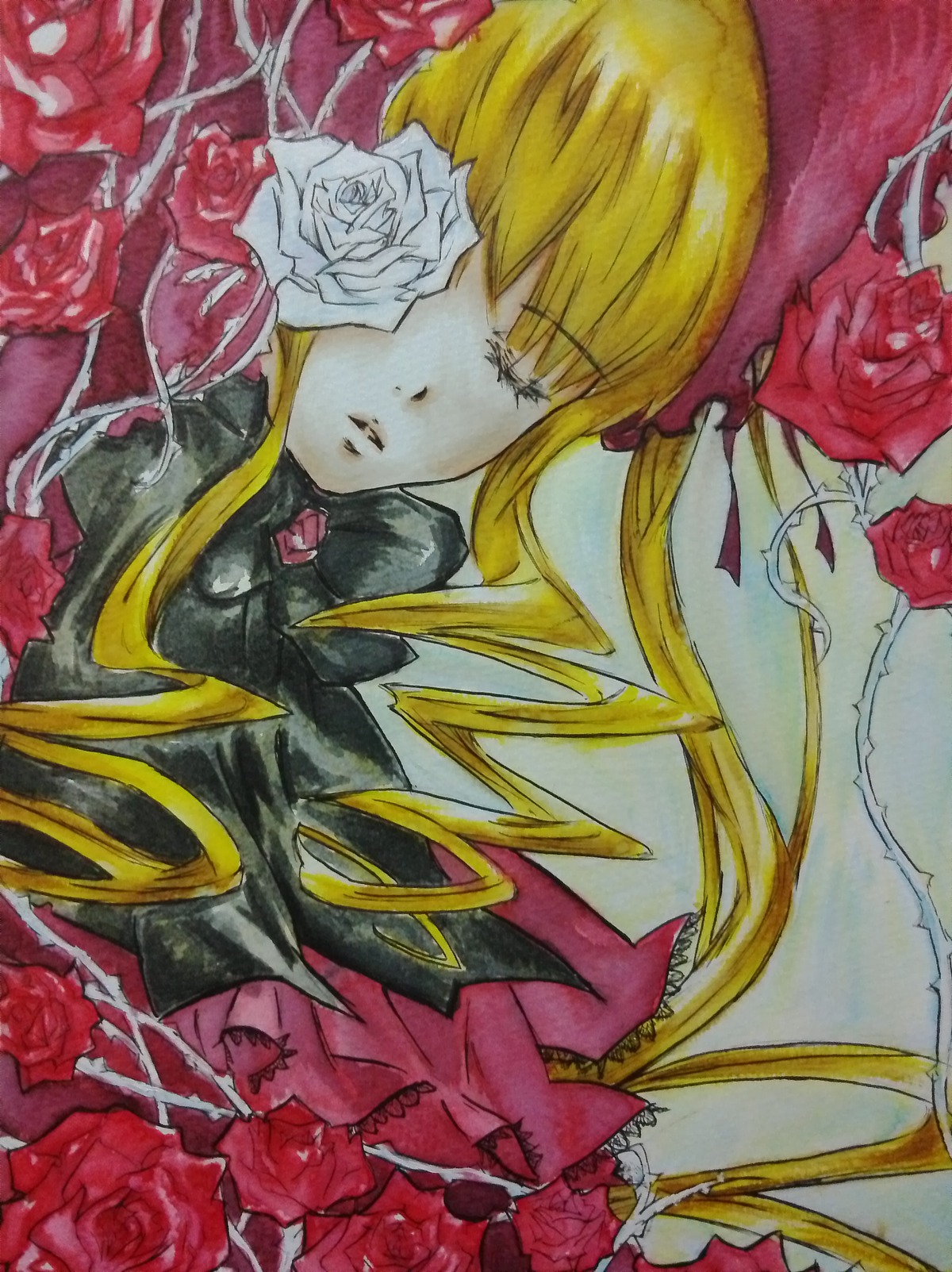 1girl blonde_hair closed_eyes costume_switch dress drill_hair flower image long_hair orange_flower pink_flower pink_rose purple_rose red_flower red_rose rose rose_petals shinku solo thorns traditional_media yellow_rose