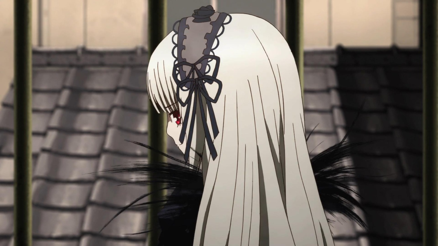 1girl bangs black_ribbon blurry blurry_background blurry_foreground depth_of_field dress frills hairband image long_hair red_eyes silver_hair solo suigintou very_long_hair