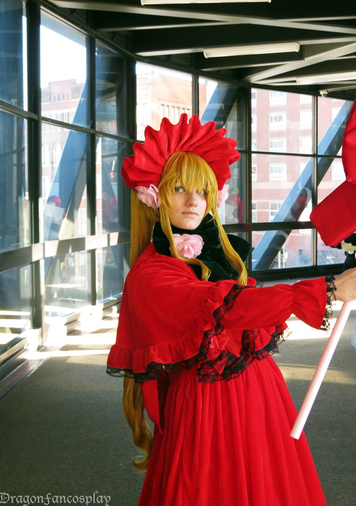 1girl blonde_hair bonnet capelet dress flower long_hair red_dress rose shinku solo