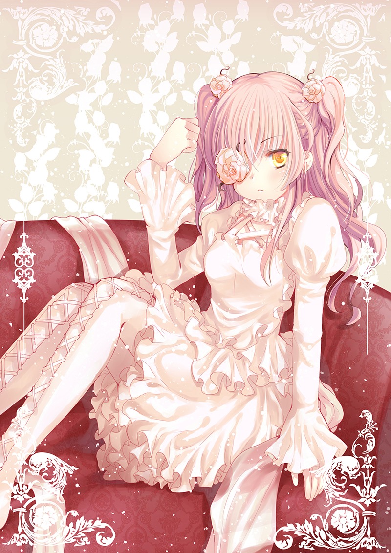 1girl dress eyepatch flower frills hair_flower hair_ornament image kirakishou long_hair long_sleeves pink_hair rose sitting solo two_side_up white_dress white_flower white_rose yellow_eyes