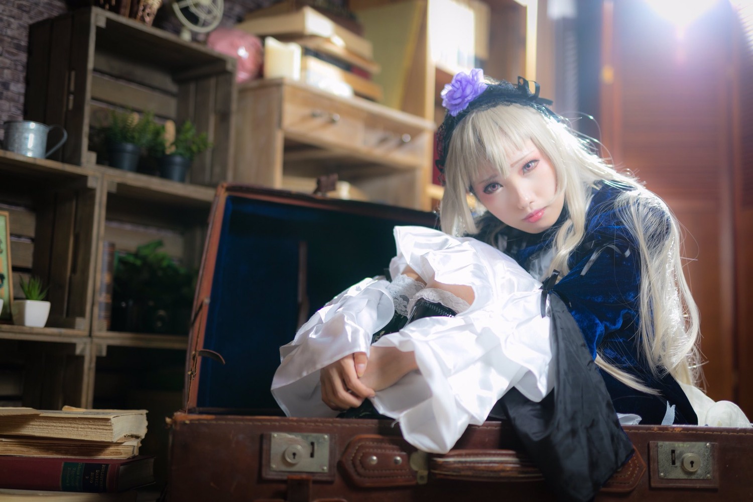 1girl blue_eyes blurry depth_of_field flower hair_flower hair_ornament hairband indoors lips long_hair plant potted_plant solo suigintou upper_body