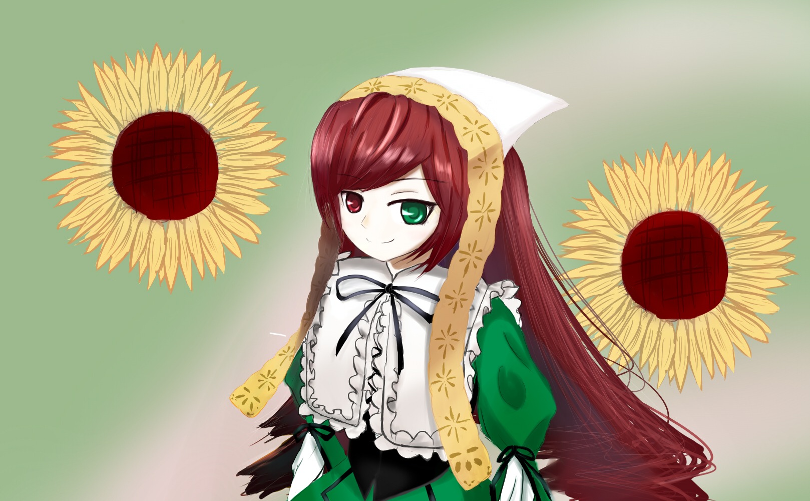 1girl brown_hair dress flower frills green_dress green_eyes heterochromia image long_hair long_sleeves looking_at_viewer red_eyes ribbon smile solo suiseiseki sunflower twintails upper_body very_long_hair yellow_flower