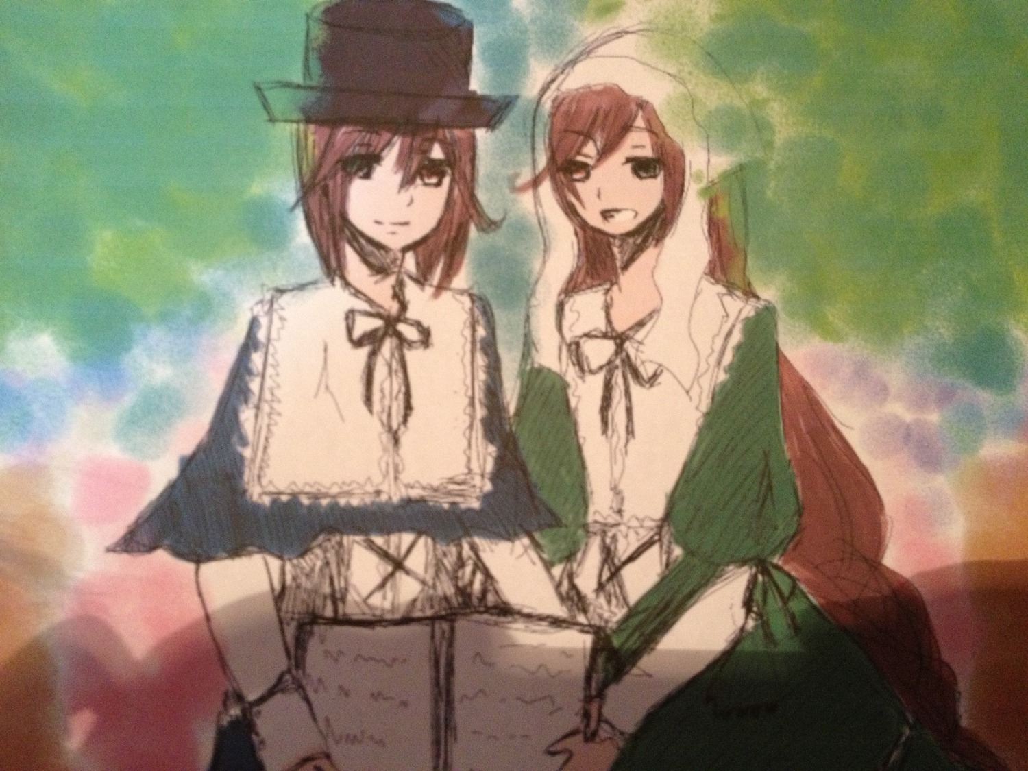 2girls brown_eyes brown_hair capelet dress hat image long_hair long_sleeves multiple_girls open_mouth pair short_hair siblings sisters smile souseiseki suiseiseki top_hat twins very_long_hair