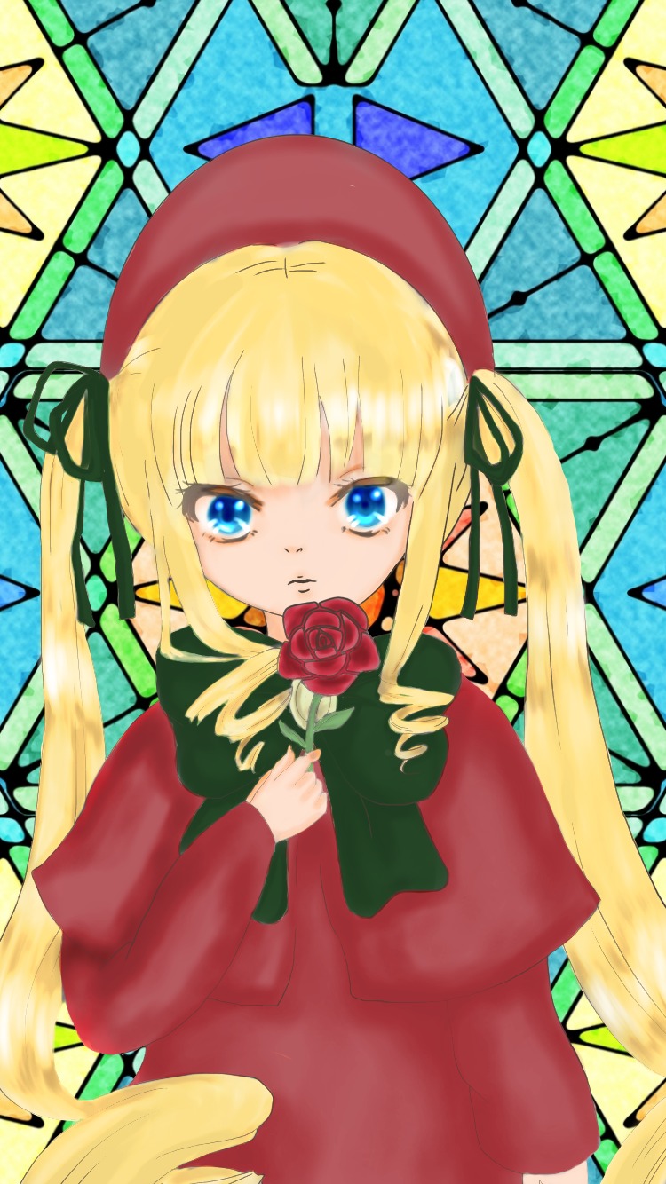 1girl bangs blonde_hair blue_eyes bow bowtie capelet dress flower green_bow hat image long_hair long_sleeves looking_at_viewer red_capelet red_dress rose shinku sidelocks solo twintails very_long_hair