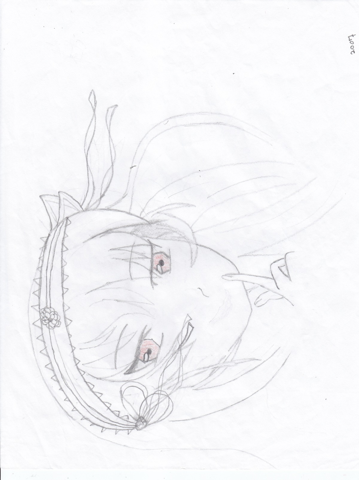 1girl auto_tagged blush closed_mouth eyebrows_visible_through_hair finger_to_mouth frills hairband image index_finger_raised lolita_hairband long_hair looking_at_viewer monochrome simple_background sketch smile solo suigintou white_background